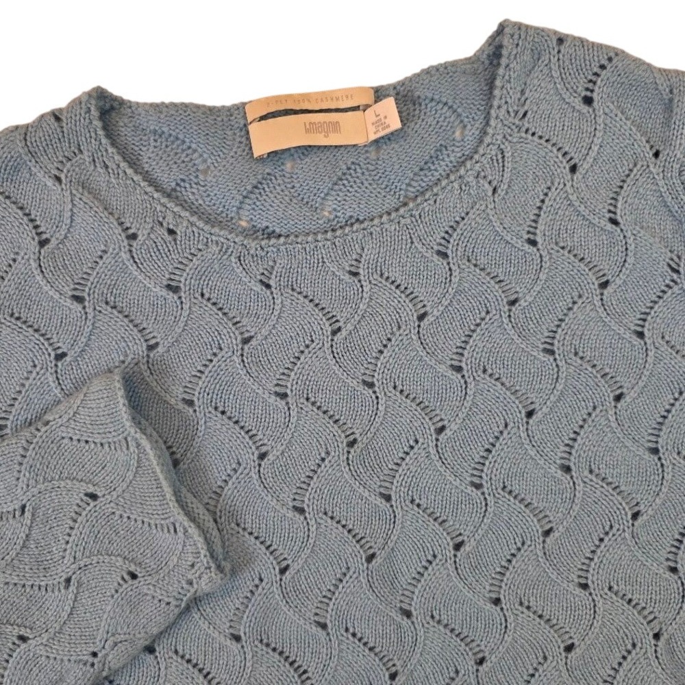 I. Magnin Women's L Sweater Blue 100% Cashmere 2-Ply Pointelle Wavy Crew Neck